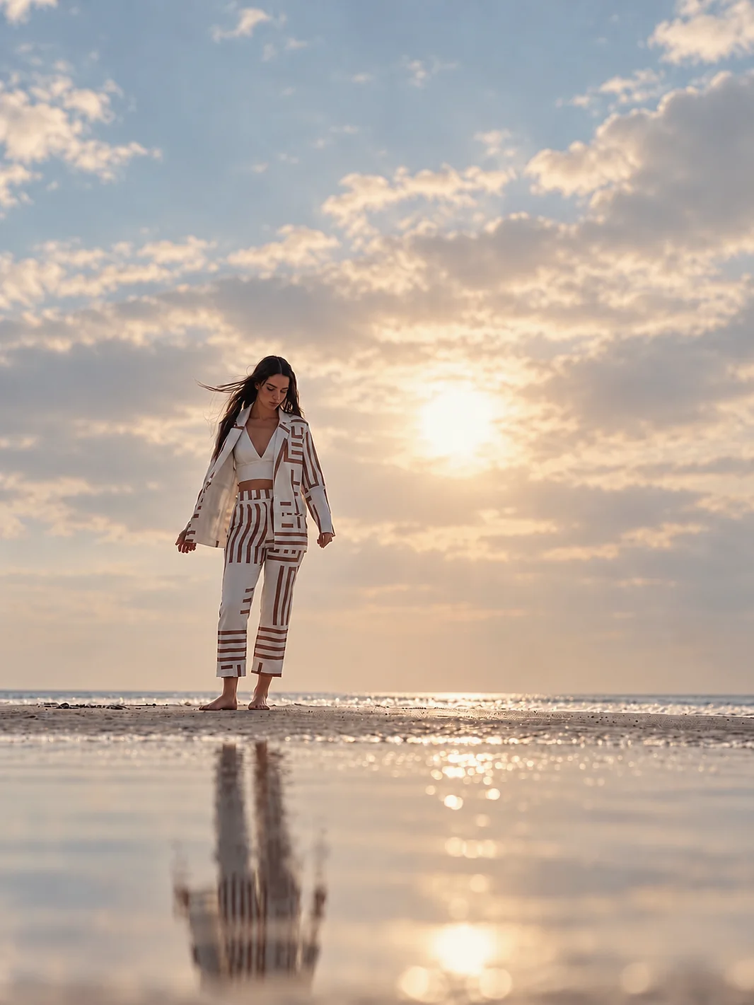 Saco Kismet y Pantalón Dharma con el Top Calma liso, reflejados en el agua