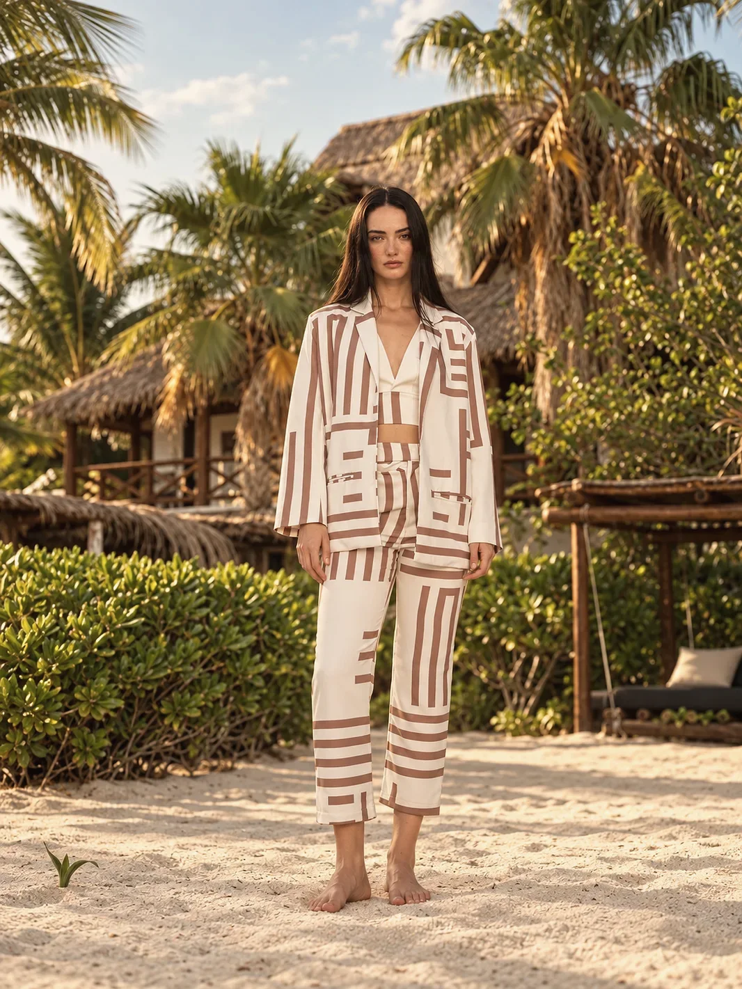 El traje completo: Saco Kismet, Top Aura y Pantalón Dharma