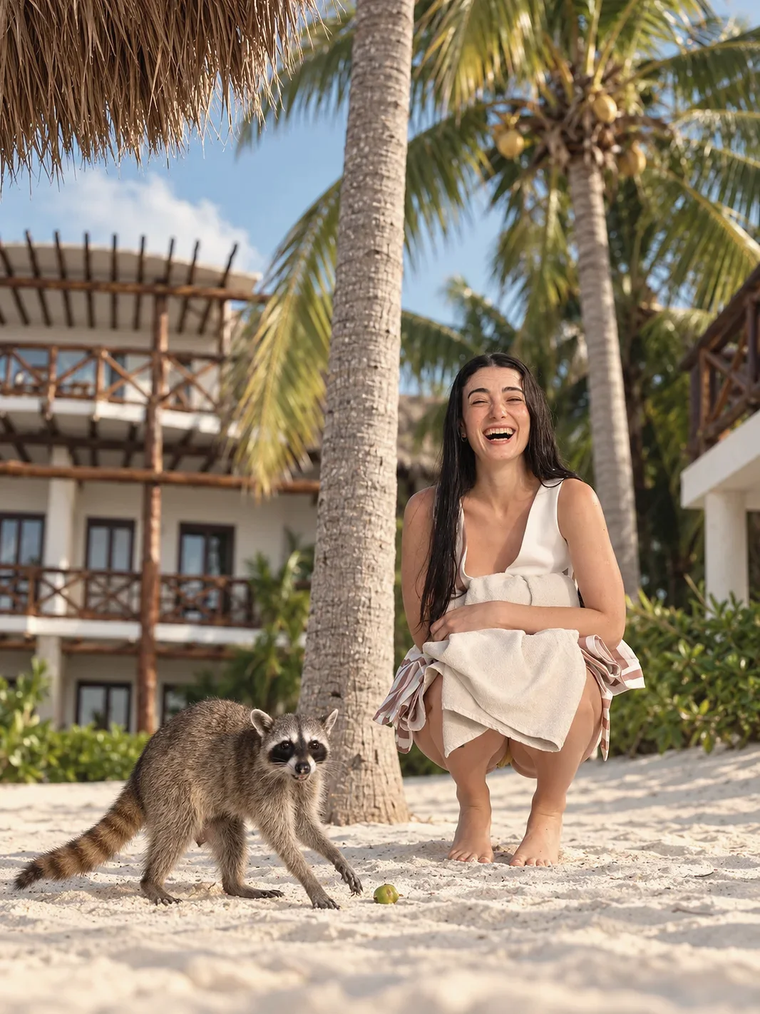 La modelo con un mapache en la playa, con el Saco Kismet en la mano
